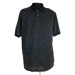 Marc Edwards Black Striped 2 Button Collar Polo Shirt Sz M Short Sleeve Golf Top